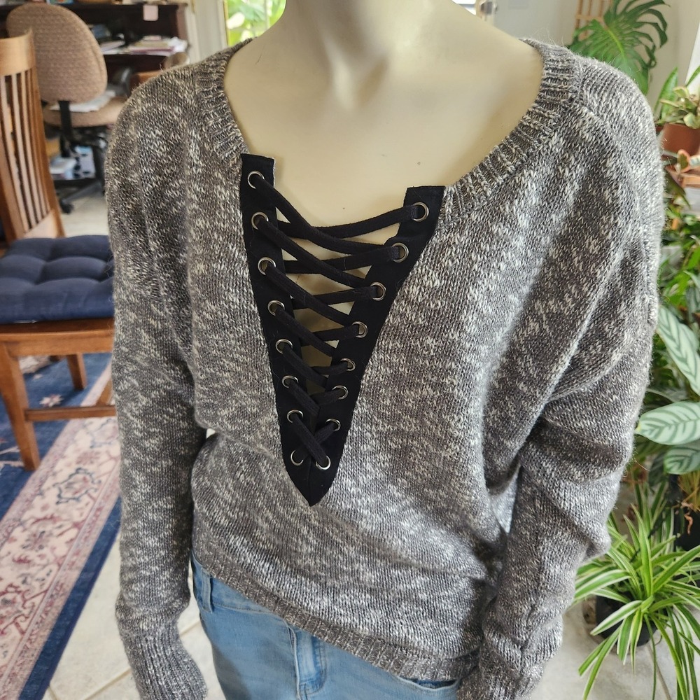 Express Oversized Lace Up Front Womens Sweater Sz S Mohair Wool Cotton‎ Gray Blk